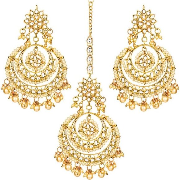 Ethnic Chandbali Earrings Maang Tikka Set Alloy Traditional Jewelry Gift